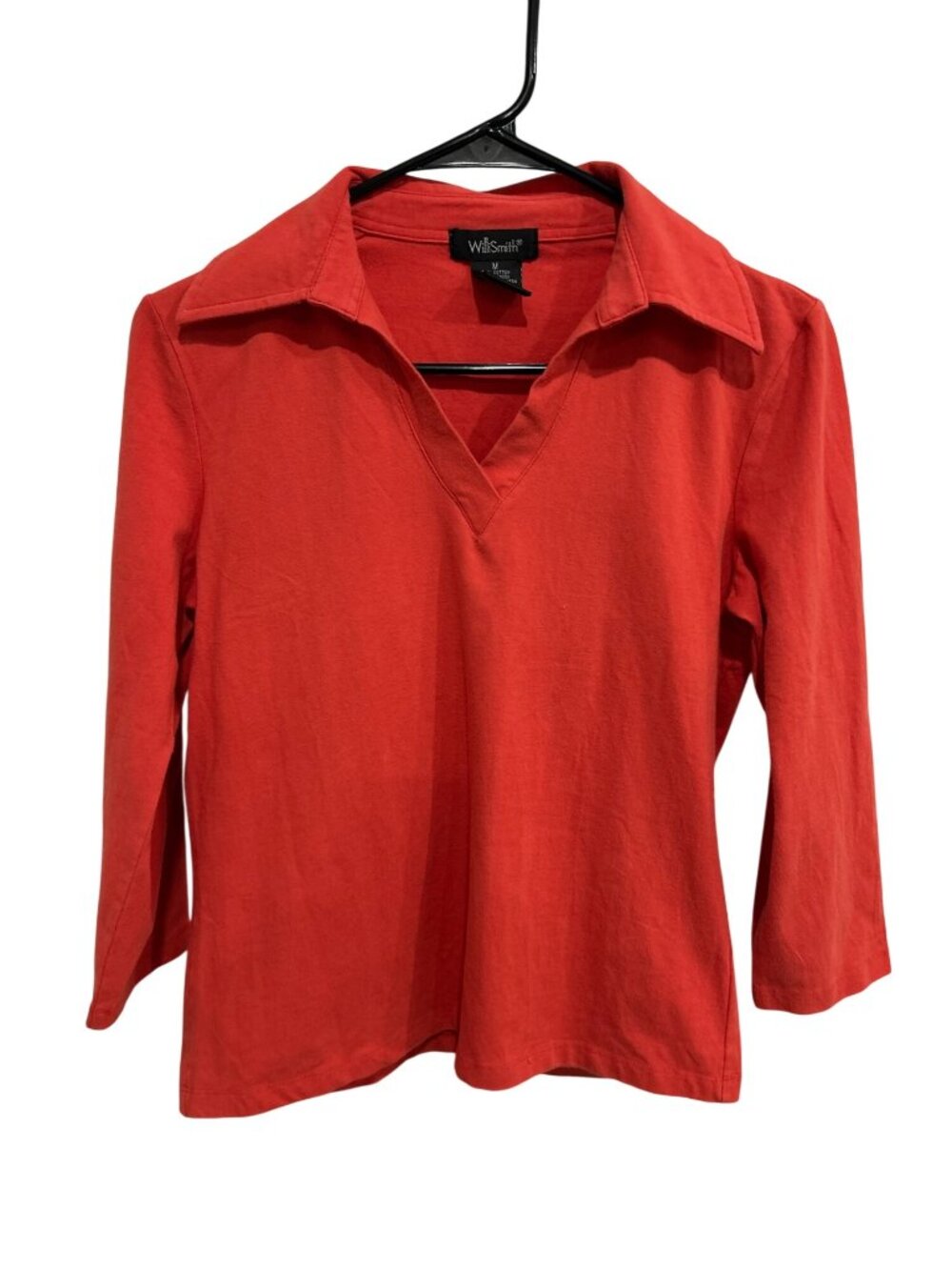 Willi Smith Red Long Sleeve V-Neck Collared Top Size Medium Classic Modern